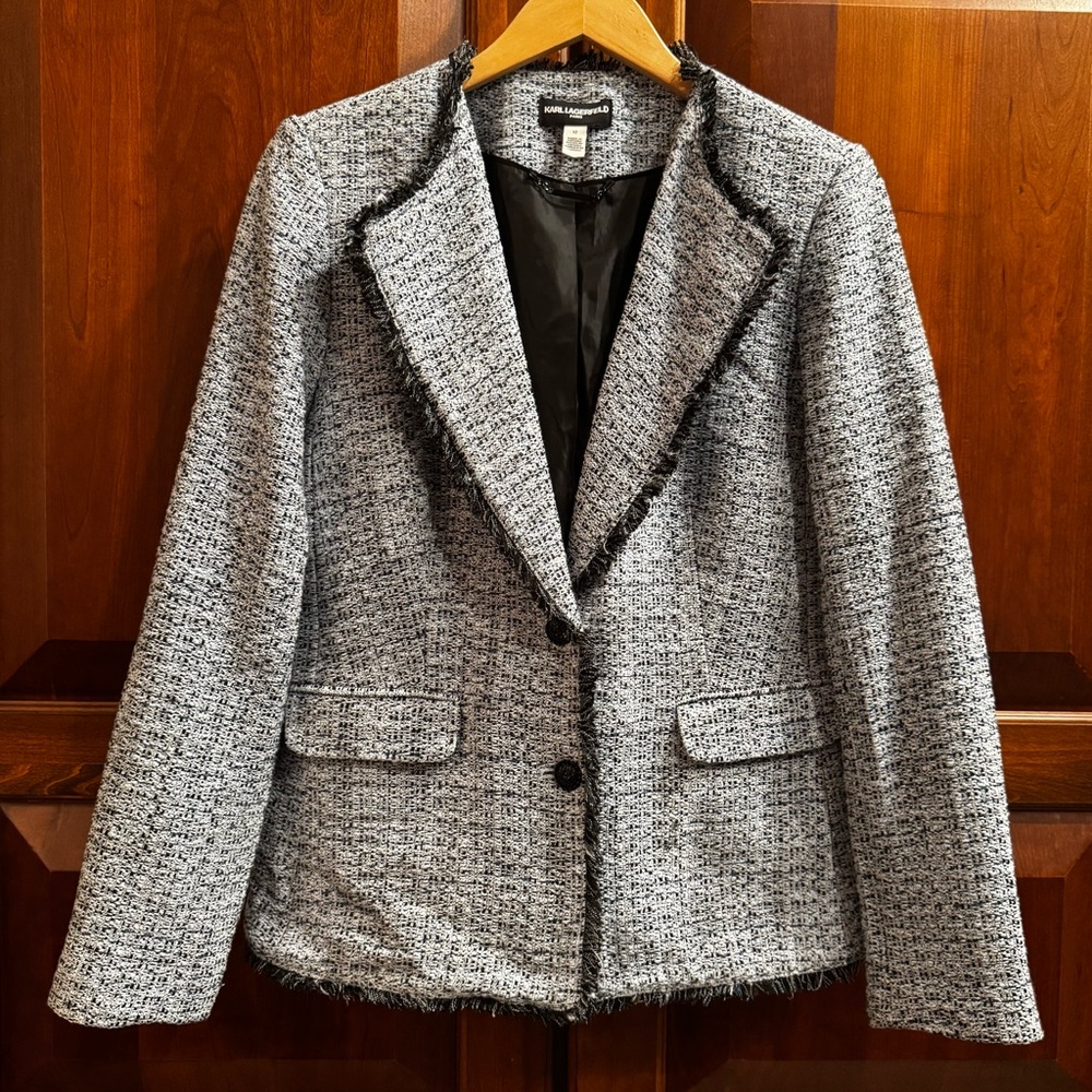 NEW Karl Lagerfeld Paris Women’s Blue White Tweed Blazer Size 12 / Large